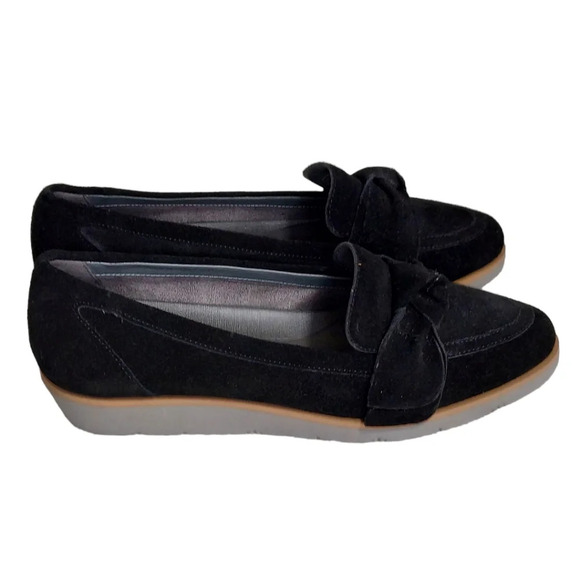 Aerosoles Black Suede Sidewalk Bow Trim Pointed Toe Small Wedge Loafers Slip Ons - Picture 3 of 14